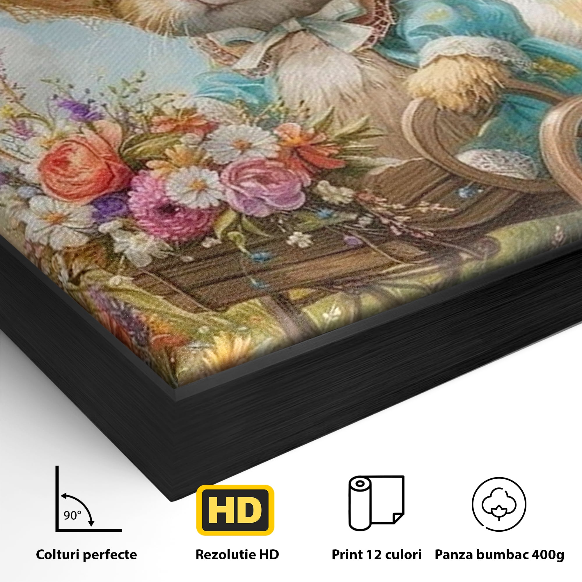 Detaliu al suprafetei: tablou canvas cu iepuras purtand palarie, in rama de aluminiu negru